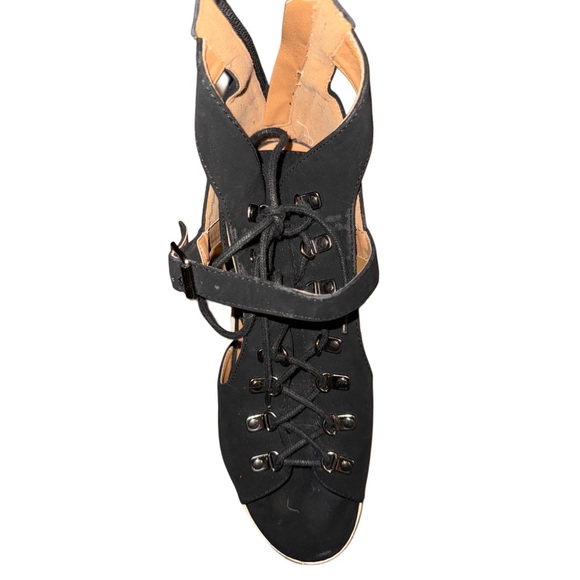 Qupid Black Lace Up Lug Sole Platform Peep toe Heels - Picture 5 of 10